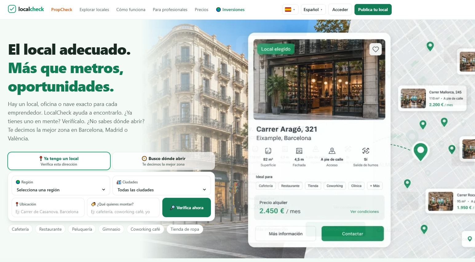 Captura de LocalCheck: portada con el buscador para verificar un local o encontrar la mejor zona en Barcelona, Madrid o València, y la ficha de un local en el Eixample