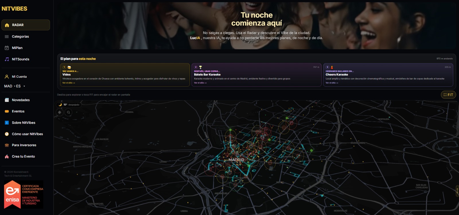 Captura de NitVibes: el Radar con el mapa nocturno de Madrid, el plan de la noche sugerido por LucIA y el menú de la aplicación